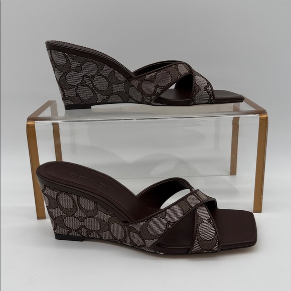 Coach Wedge Sandal In Signature Jacquard Oak Maple - Picture 2 of 13